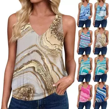 Топы на бретелях для женщин, свободная посадка, футболка без рукавов с v-образным вырезом в стиле ретро, женские повседневные летние блузки L синий