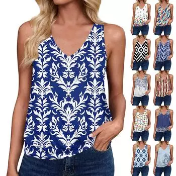 Топы на бретелях для женщин, свободная посадка, футболка без рукавов с v-образным вырезом в стиле ретро, женские повседневные летние блузки L чёрный