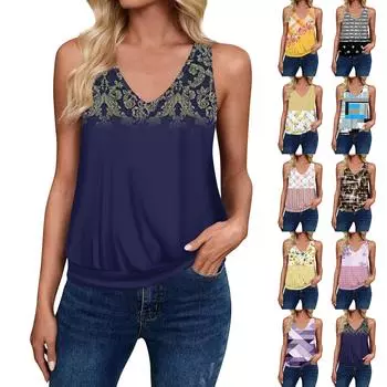 Топы на бретелях для женщин, свободная посадка, футболка без рукавов с v-образным вырезом в стиле ретро, женские повседневные летние блузки XL синий