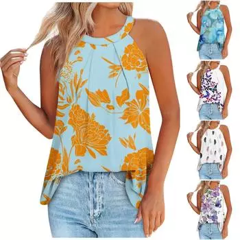 Топы на бретелях для женщин, свободный крой, плиссированные летние топы без рукавов с цветочным принтом и перьями бабочки XL синий