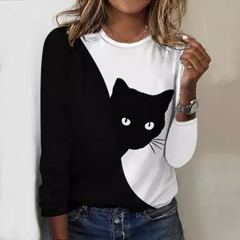 Топы на весну и осень, двухцветная футболка с круглым вырезом и длинным рукавом с принтом кота, повседневный облегающий женский топ с длинным рукавом XS фиолетовый