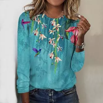 Топы на весну и осень. Футболка с круглым вырезом и длинными рукавами и принтом в виде ветвей ивы. Осенний повседневный тонкий пуловер для женщин с длинными рукавами. XS розовый