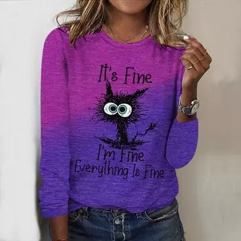 Топы на весну и осень, градиентный принт с котом, круглый вырез, длинный рукав, футболка, осенний повседневный тонкий пуловер, женский топ с длинным рукавом XS розовый