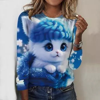 Топы на весну и осень, милый цветочный принт с котом, круглый вырез, длинный рукав, футболка, осенний повседневный тонкий пуловер, женский топ с длинным рукавом XS розовый