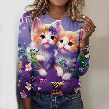 Топы на весну и осень, очаровательная футболка с круглым вырезом и длинным рукавом с принтом кота, осенний повседневный тонкий пуловер, женский топ с длинным рукавом XS розовый