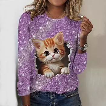 Топы на весну и осень, принт «Ромбы и кошки», круглый вырез, длинный рукав, футболка, осенний повседневный тонкий пуловер, женский топ с длинным рукавом XS розовый