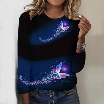 Топы на весну и осень, принт «звезды, бабочки, цветы», круглый вырез, длинный рукав, футболка, осенний повседневный тонкий пуловер, женский топ с длинным рукавом XS темно-синий