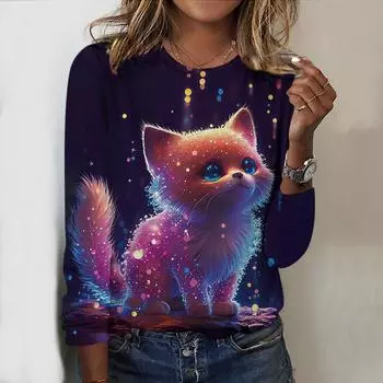 Топы на весну и осень, яркая футболка с круглым вырезом и длинными рукавами с принтом кошек, повседневный облегающий женский топ с длинными рукавами XS розовый