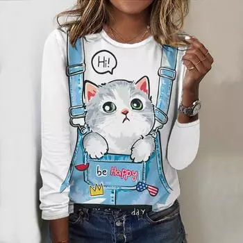 Топы на весну и осень, рюкзак с принтом кота, круглый вырез, длинный рукав, футболка, осенний повседневный тонкий пуловер, женский топ с длинным рукавом XS розовый