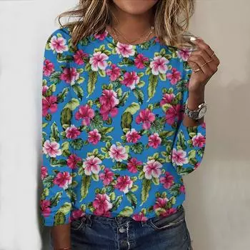 Топы на весну и осень с принтом цветов и листьев, круглым вырезом и длинными рукавами, футболка, повседневный тонкий женский топ с длинными рукавами XS чёрный
