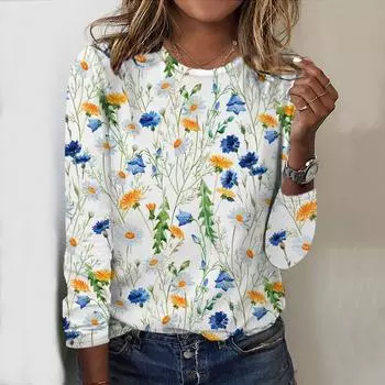 Топы на весну и осень с принтом травы и цветов, круглый вырез, длинный рукав, футболка, осенний повседневный тонкий пуловер, женский топ с длинным рукавом XS розовый