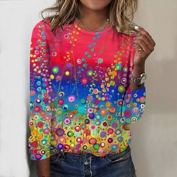 Топы на весну и осень с принтом горных лесных цветов и круглым вырезом, футболка с длинным рукавом, осенний повседневный тонкий пуловер, женский топ с длинным рукавом XS розовый