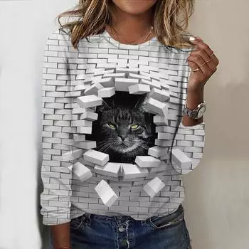 Топы на весну и осень с принтом 3D Funny Cat, круглым вырезом и длинными рукавами, футболка, повседневный тонкий женский топ с длинными рукавами на осень XS розовый