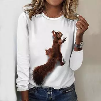 Топы на весну и осень с принтом животных слонов и белок, круглый вырез, длинный рукав, футболка, осенний повседневный тонкий пуловер, женский топ с длинным рукавом XS белый