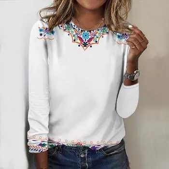 Топы на весну и осень с принтом в стиле ретро, с круглым вырезом и длинными рукавами, футболка, повседневный облегающий женский топ с длинными рукавами XS фиолетовый