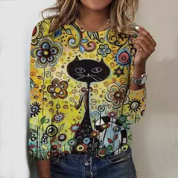 Топы на весну и осень с принтом граффити и кошек, круглый вырез, длинный рукав, футболка, осенний повседневный тонкий пуловер, женский топ с длинным рукавом XS розовый