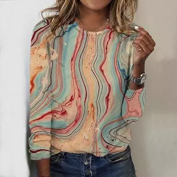 Топы на весну и осень с принтом мраморных полос и круглым вырезом, футболка с длинным рукавом, осенний повседневный тонкий пуловер, женский топ с длинным рукавом XS розовый