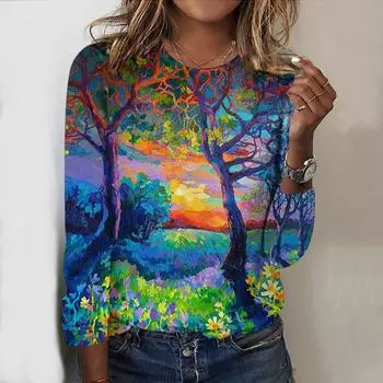 Топы на весну и осень с принтом горного дерева и круглым вырезом, футболка с длинным рукавом, осенний повседневный тонкий пуловер, женский топ с длинным рукавом XS фиолетовый