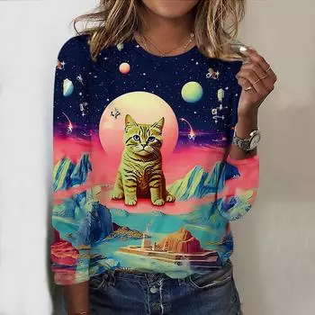 Топы на весну и осень с принтом горного кота, круглым вырезом и длинным рукавом, футболка, осенний повседневный тонкий пуловер, женский топ с длинным рукавом XS синий