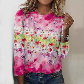 Топы на весну и осень с принтом полевых цветов, круглым вырезом и длинным рукавом, футболка, осенний повседневный тонкий пуловер, женский топ с длинным рукавом XS розовый