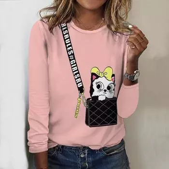 Топы на весну и осень, сумка с принтом кота, круглый вырез, длинный рукав, футболка, осенний повседневный тонкий пуловер, женский топ с длинным рукавом XS розовый