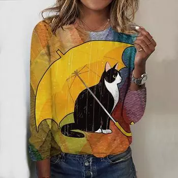 Топы на весну и осень, зонт, кошка, принт, круглый вырез, длинный рукав, футболка, осенний повседневный тонкий пуловер, женский топ с длинным рукавом XS розовый