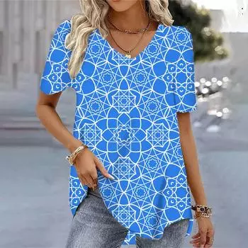 Топы с 3D v-образным вырезом и короткими рукавами, модные женские футболки с цветочным принтом, элегантные дышащие повседневные футболки, летние пуловеры больших размеров S