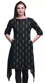 Топы с этническим принтом Bimba Black Leaves для женщин, асимметричное летнее платье Kurti для девочек Large чёрный