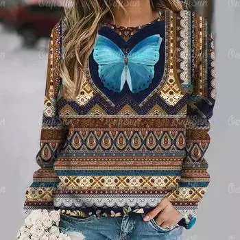 Топы с длинным рукавом и принтом бабочек для женщин с 3D-образным вырезом, модные, свободного покроя, винтажная уличная одежда S
