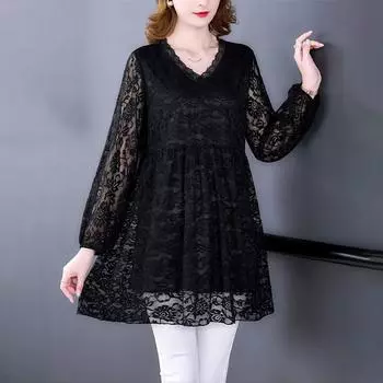 Топы с длинным рукавом и V-образным вырезом для мам среднего возраста, свободная женская футболка средней длины, весенняя кружевная рубашка большого размера 7XL чёрный