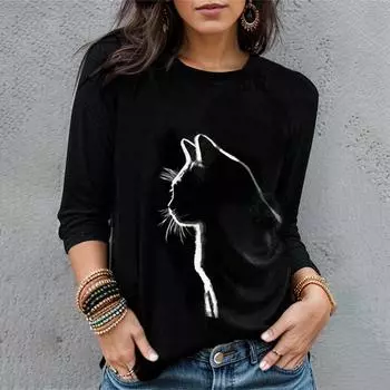 Топы с длинными рукавами, черные футболки для женщин, модные повседневные футболки с принтом перьев, свободная футболка с круглым вырезом, забавная женская одежда с графикой 2XL