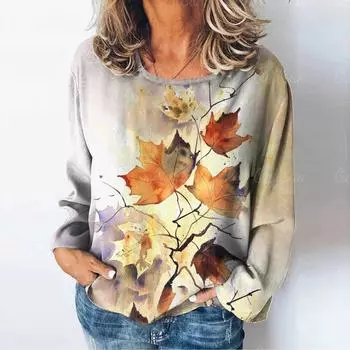 Топы с длинными рукавами, женская одежда, осенние толстовки с 3d принтом кленового листа, футболка большого размера, женская одежда, модные футболки 2024 г. S