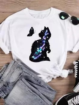 Топы с короткими рукавами, футболки, женская футболка с принтом, летняя рубашка с героями мультфильмов «Кошки Любовь», женская модная одежда с графическим принтом S