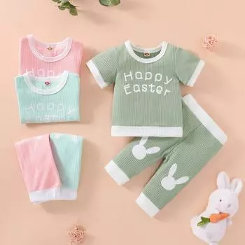 Топы с короткими рукавами и вафельными буквами для девочек, комплект одежды для девочек, штаны с головой кролика 80
