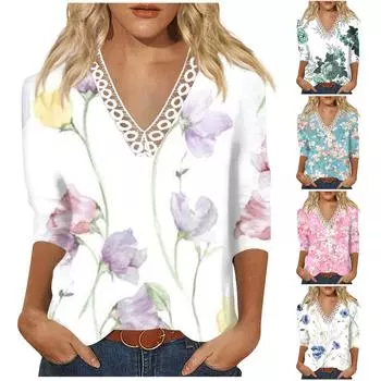 Топы с кружевным воротником и вставками. Женские блузки. Женские повседневные топы. Рукав 3/4 с V-образным вырезом. Модные рубашки с принтом. Кружевные топы. Футболки. Пуловеры. Топы. XXXL розовый