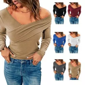 Топы с открытыми плечами и длинными рукавами, модная шикарная женская футболка с V-образным вырезом, уличная одежда S вино красного