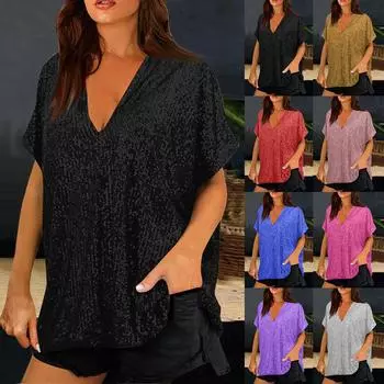 Топы с пайетками, женские топы с v-образным вырезом и короткими рукавами, свободные блестящие топы для женщин, нарядные топы для вечеринок L чёрный