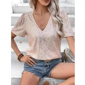 Топы с пайетками, женские топы с v-образным вырезом и короткими рукавами, свободные блестящие топы для женщин, нарядные топы для вечеринок S белый