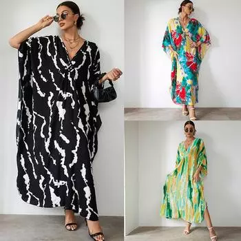 Топы с пляжными хлопковыми принтами, свободные халаты больших размеров, пляжные куртки, длинные платья, топы бикини. One size fits all