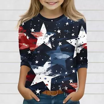 Топы с принтом для девочек 3-10 лет с круглым вырезом и рукавами 3/4 Футболки Модные топы Наряды Футболки 150 тёмно-синий