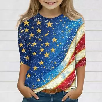 Топы с принтом для девочек 3-10 лет с круглым вырезом и рукавами 3/4 Футболки Модные топы Наряды Футболки 130