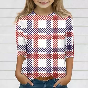 Топы с принтом для девочек 3-10 лет с круглым вырезом и рукавами 3/4 Футболки Модные топы Наряды Футболки 150 киноварь