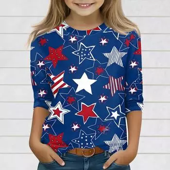Топы с принтом для девочек 3-10 лет с круглым вырезом и рукавами 3/4 Футболки Модные топы Наряды Футболки 110