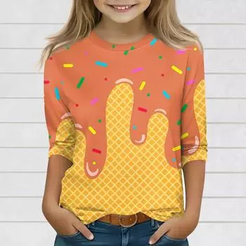 Топы с принтом для девочек 3-10 лет с круглым вырезом и рукавами 3/4 Футболки Модные топы Наряды Футболки 150 оранжевый