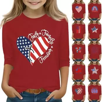 Топы с принтом для девочек 3-10 лет с круглым вырезом и рукавами 3/4 Футболки Модные топы Наряды Футболки 140