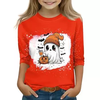 Топы с принтом для девочек 5-16 лет с круглым вырезом и рукавами 3/4 Футболки Модные топы Наряды Футболки 140