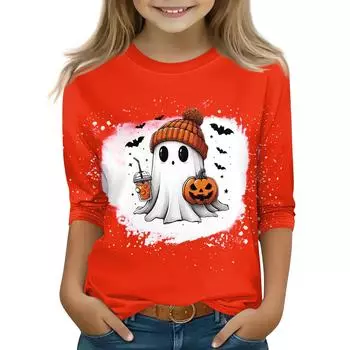 Топы с принтом для девочек 5-16 лет с круглым вырезом и рукавами 3/4 Футболки Модные топы Наряды Футболки 140