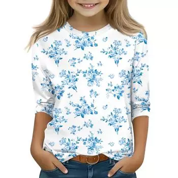 Топы с принтом для девочек 5-16 лет с круглым вырезом и рукавами 3/4 Футболки Модные топы Наряды Футболки 140