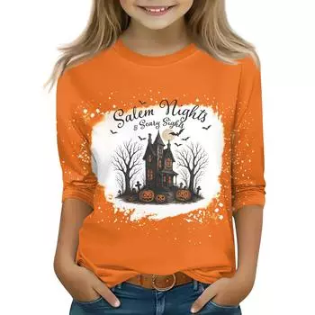 Топы с принтом для девочек 5-16 лет с круглым вырезом и рукавами 3/4 Футболки Модные топы Наряды Футболки 110 чёрный