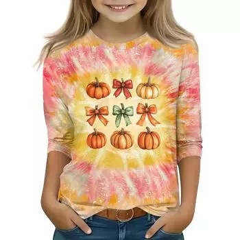 Топы с принтом для девочек 5-16 лет с круглым вырезом и рукавами 3/4 Футболки Модные топы Наряды Футболки 110 бежевый